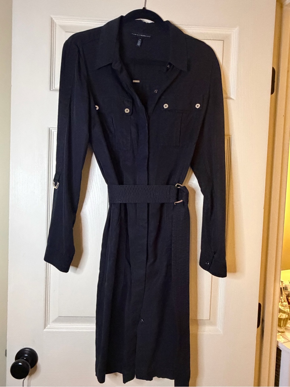 White House Black Market Black Long-Sleeve Shirt Dress with Belt